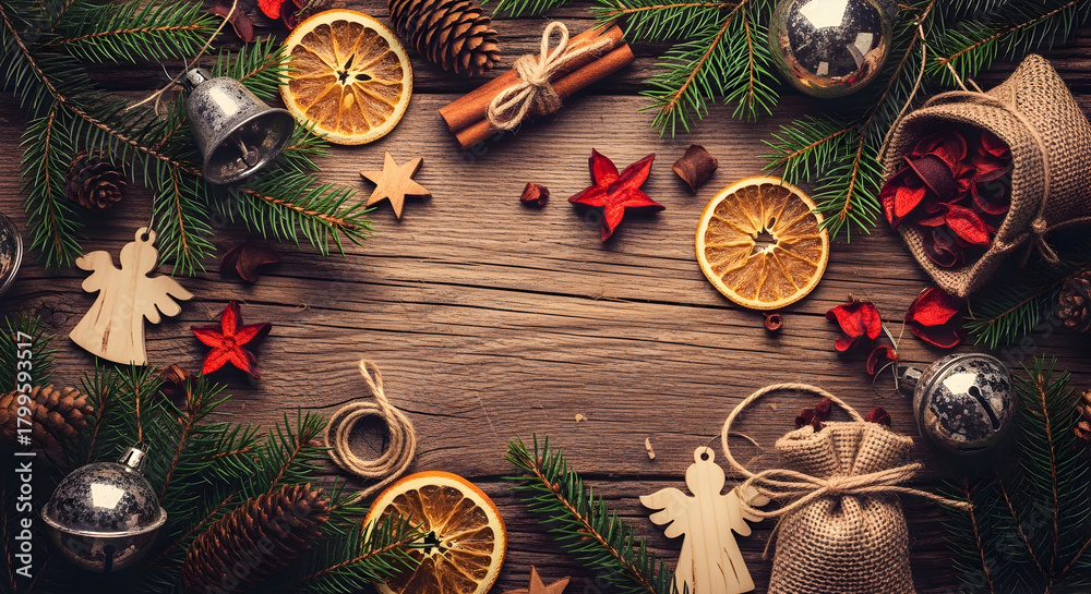 Naklejka premium A festive overhead flat lay of Christmas and winter holiday decorations arranged on a rustic wooden background, featuring pine branches, dried oranges, cinnamon, bells, and wooden angels.