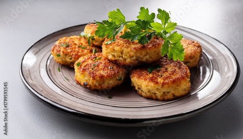 The Fish Cakes Are Garnished With Fresh Parsley Leaves