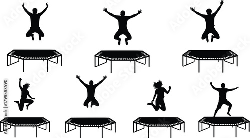Trampoline jump silhouettes, mid-air poses, black vector, dynamic motion, athletic activity, human movement, outdoor fun, energetic illustration