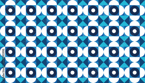 A seamless geometric pattern featuring circular motifs with dark blue centers, surrounded by intersecting white shapes and blue triangular elements. The balanced repetition creates a bold and modern.
