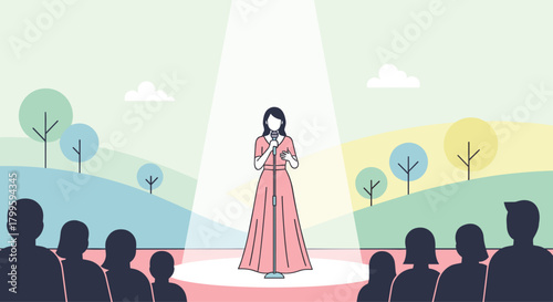 Elegant performer sings with passion under bright spotlight for captivated audience in colorful outdoor setting during summer concert event