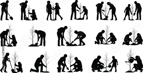 Tree planting silhouettes, environmental teamwork, sapling care, black vector, digging and watering, nature activity, ecological awareness, planting process