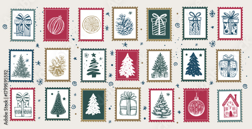 Hand-Drawn Festive Winter Stamps Collection, New Year 