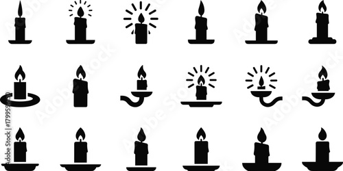 Collection of candle silhouettes featuring burning flames, wax candles on holders, glowing candle icons, decorative lighting symbols, and spiritual illumination designs