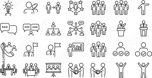 Teamwork Business Management and Communication Outline Icon Set Vector