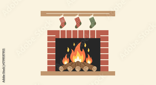Festive fireplace with burning logs and hanging Christmas stockings. Cozy winter holiday scene.