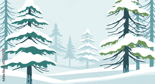 Stylized illustration of a tranquil winter forest with snow-covered pine trees.