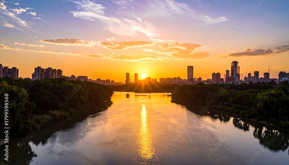 Fototapeta premium City skyline silhouette at sunset with a calm, reflecting river
