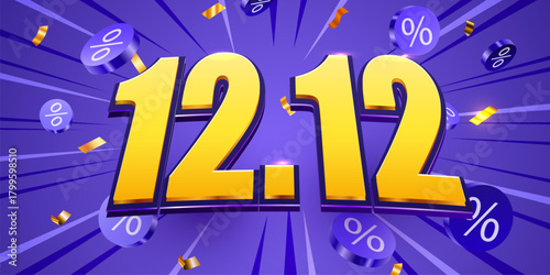 12.12 Sale Day Promotional Banner. Eye-catching background for discount events with golden numbers and percentage coins. Vector illustration