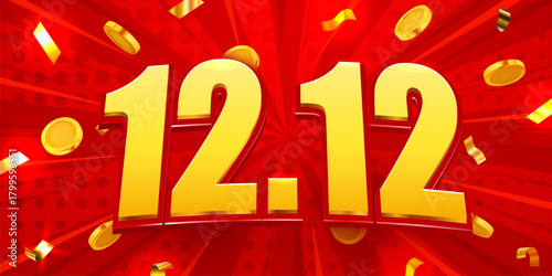 12.12 Global Shopping Festival Sale. Vibrant banner for big promotion with flying golden coins and confetti. Vector illustration