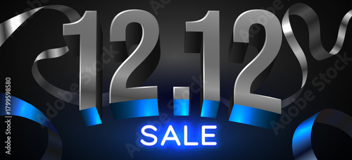 12.12 Sale Banner with Metallic Numbers and Neon Light. Singles Day Global Shopping Festival Promotion. Vector illustration