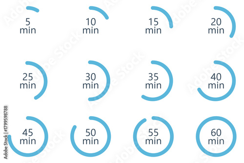 Minute Timer, clock, stopwatch, Countdown timer, cooking time icon set. 0, 5, 10, 15, 20, 25, 30, 35, 40, 45, 50, 55, 60 min and 1 hour Timer, clock, stopwatch isolated set icons, symbols, label.