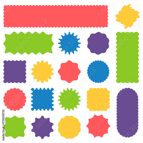 Set round and oval, rectangular and square, arch shapes with curvy edges. Cute geometric forms with scalloped borders. Empty textboxes, stickers, tags or labels.