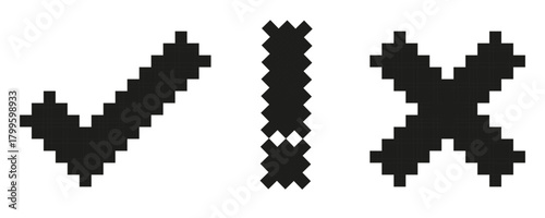 Set of check mark, exclamation mark and cross in pixel art. Checklist sign or approval icon.