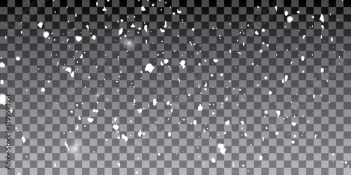 Snow and wind. Vector heavy snowfall, snowflakes in various shapes and forms. Many white cold flakes elements on a transparent background.