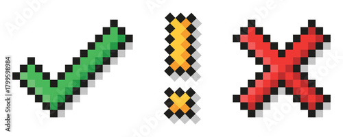 check mark, exclamation mark and cross. Pixel art.