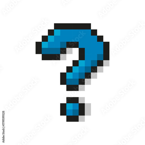 Pixel blue question mark with a black outline.  Representing mystery, inquiry, and uncertainty