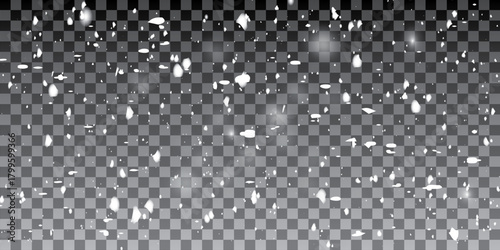 White snow isolated on transparent background.  Snow and wind. Vector heavy snowfall, snowflakes in various shapes and forms. 