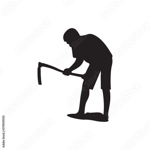 Worker with hoe silhouette. Gardener/farmer silhouette using a hoe. agriculture, gardening, labor and outdoor work concepts. High-res vector.
