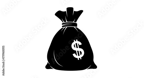 Bold black money bag icon with prominent white dollar sign symbolizing wealth, finance, and financial success for modern business concepts