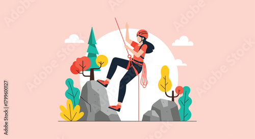 Dynamic woman rock climbing up mountain cliff in colorful scenic outdoors artwork perfect for adventure sports marketing and active lifestyle blogs