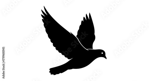 Graceful silhouette of a black dove soaring freely through the air, symbolizing peace, hope, and new beginnings for impactful projects.