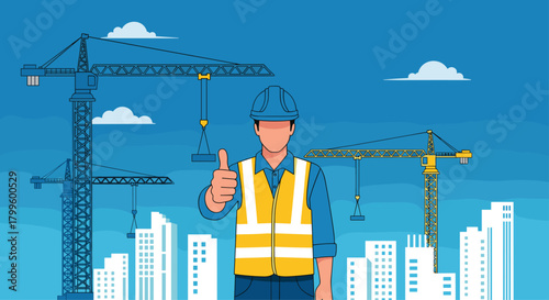 Construction worker giving thumbs up at a modern building site with cranes and skyscrapers in the background, perfect for urban development projects