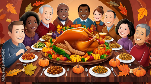 Warm Thanksgiving illustration featuring a family gathered around a festive dinner table, with roast turkey, candles, and autumn decorations, surrounded by pumpkins, leaves, and cozy golden lighting