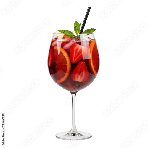 Large wine glass filled with red sangria ice strawberries orange slices and mint leaves with straw