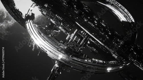 Fototapeta Naklejka Na Ścianę i Meble -  Futuristic ring space station orbiting alien planet