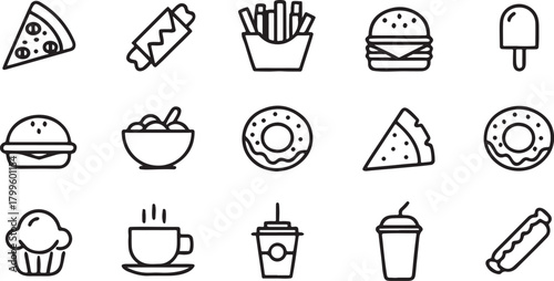 set of food and drinks