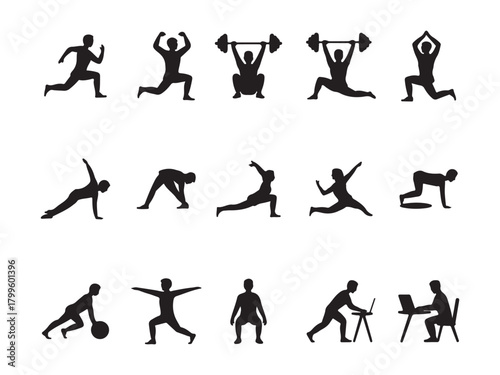 People Action Silhouette Icon Set: Working Running Yoga Exercise Vol.4