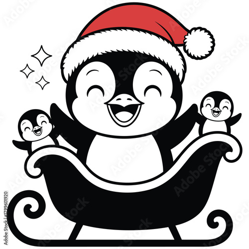 Cute cartoon penguin family in a sleigh wearing a santa hat