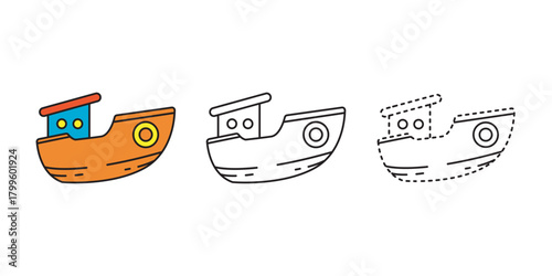 Cute boat dashed line icon. Vector trio: colorful wooden boat, clean line art and dotted outline. Ideal for kids’ books, stickers, nautical apps. Scalable SVG/PNG.
