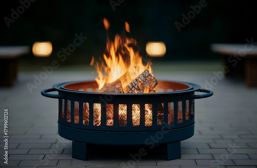 Old washing machine drum repurposed as outdoor fire pit glowing with flames in backyard