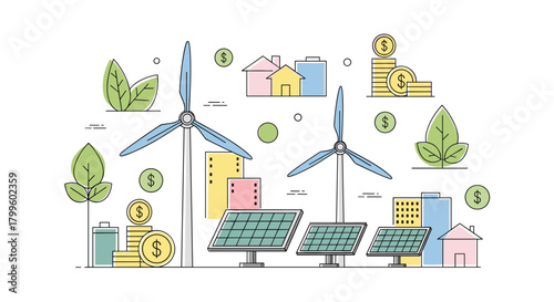 Sustainable investing concept showing wind turbines, solar panels, and money symbolizing green energy and financial growth for a better future