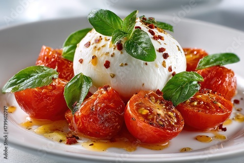 Culinary Delight: A close-up shot of a gourmet dish featuring creamy burrata cheese surrounded by vibrant, roasted tomatoes and fresh basil leaves, evoking a sense of culinary artistry.