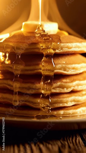 Delicious Stack of Pancakes Drizzled with Golden Syrup and Butter