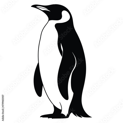A black and white illustration of an emperor penguin