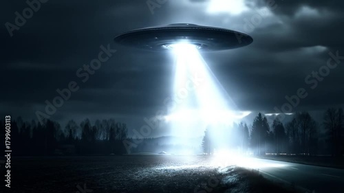 Mysterious UFO flying saucer with glowing light beam descending at night over a dark, eerie rural landscape. Extraterrestrial sci-fi concept.