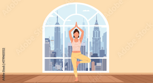 Find inner peace with calming yoga poses and stunning city views, a tranquil escape from the urban hustle, promoting wellness and balance