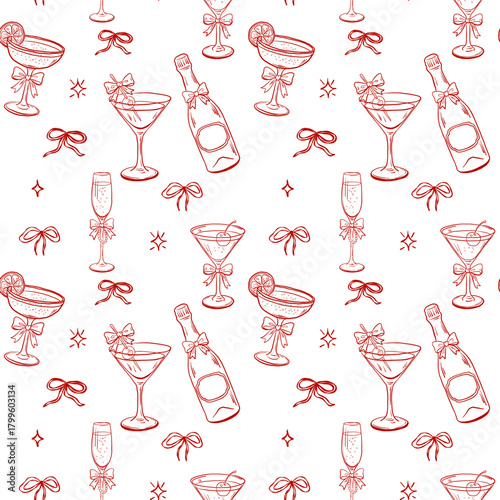 Seamless cocktail pattern with champagne and coquette bows