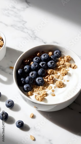 A healthy breakfast bowl of creamy yogurt topped with fresh blueberries and crunchy granola, bathed in natural morning sunlight on a marble countertop