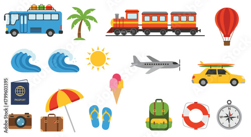 Vibrant travel icon set featuring bus, train, airplane, and tropical elements for brochures & social media