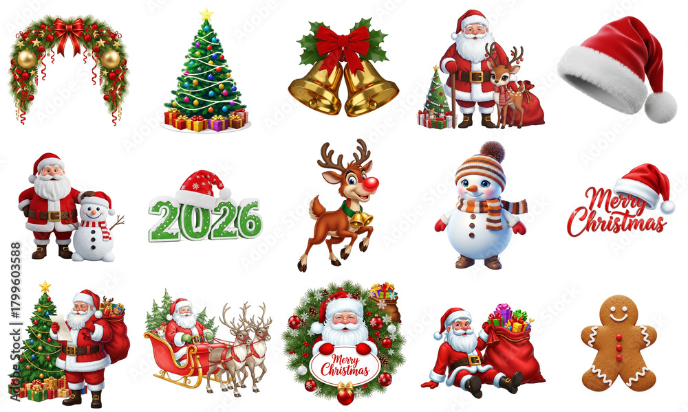 Naklejka premium Christmas 2026 Icon Set PNG Bundle – Santa Claus, Reindeer, Snowman, Wreath, Tree & Bells – Transparent Holiday Clipart for Cards, Stickers, Merch, Social Media & New Year Greeting Designs