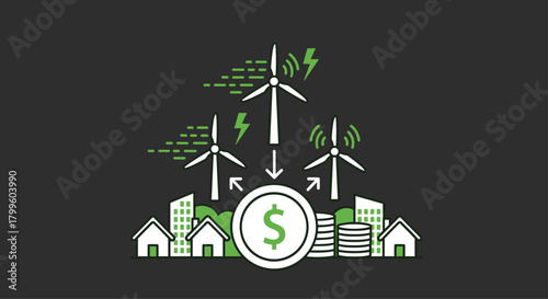 Sustainable energy vector showing wind turbines generating wealth for communities in green energy concept for environmental finance and investment