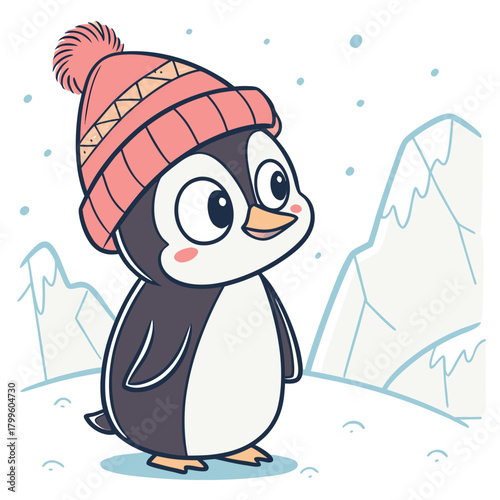 Charming Penguin Adventure: An adorable penguin, adorned in a cozy cap, embarks on a winter journey, exploring the snowy landscape. Capturing the sweetness and resilience.