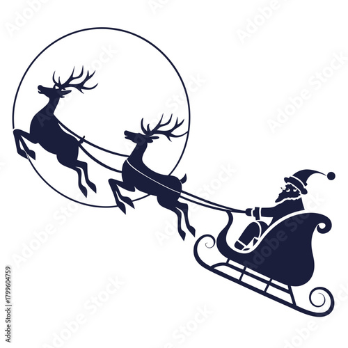 Christmas Eve Silhouette: Santa Claus and his reindeer team soar across the night sky, their silhouettes dancing against the backdrop of a full moon, heralding the magic of the holiday season.