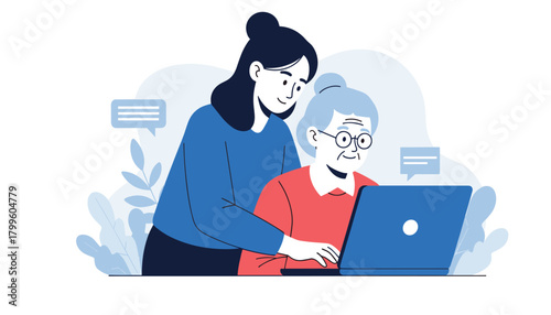 Loving daughter teaching senior mother to use laptop, embracing technology together, creating lasting memories and bonding over shared learning