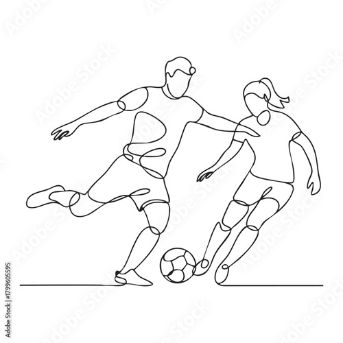 Two soccer players one male one female playing with ball continuous line drawing football